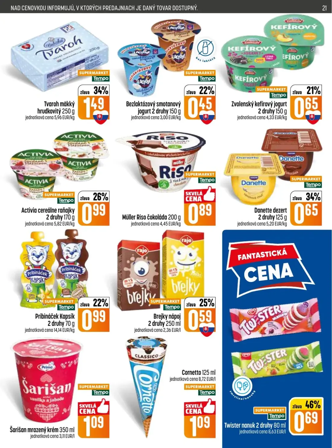 Coop Jednota leták, strana 21 z 32 — Bezlaktózový smotanový jogurt, Zvolenský kefírový jogurt, Activia cereálne raňajky