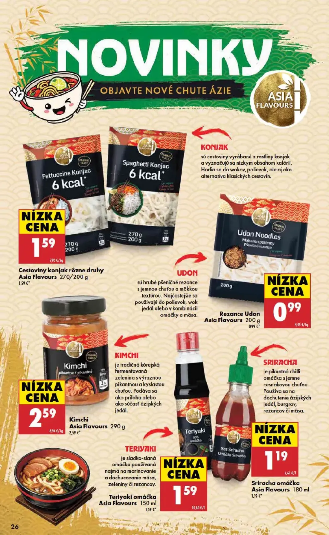 Terno leták, strana 26 z 48 — Cestoviny konjak rôzne druhy Asia Flavours, Rezance Udon Asia Flavours, Kimchi Asia Flavours
