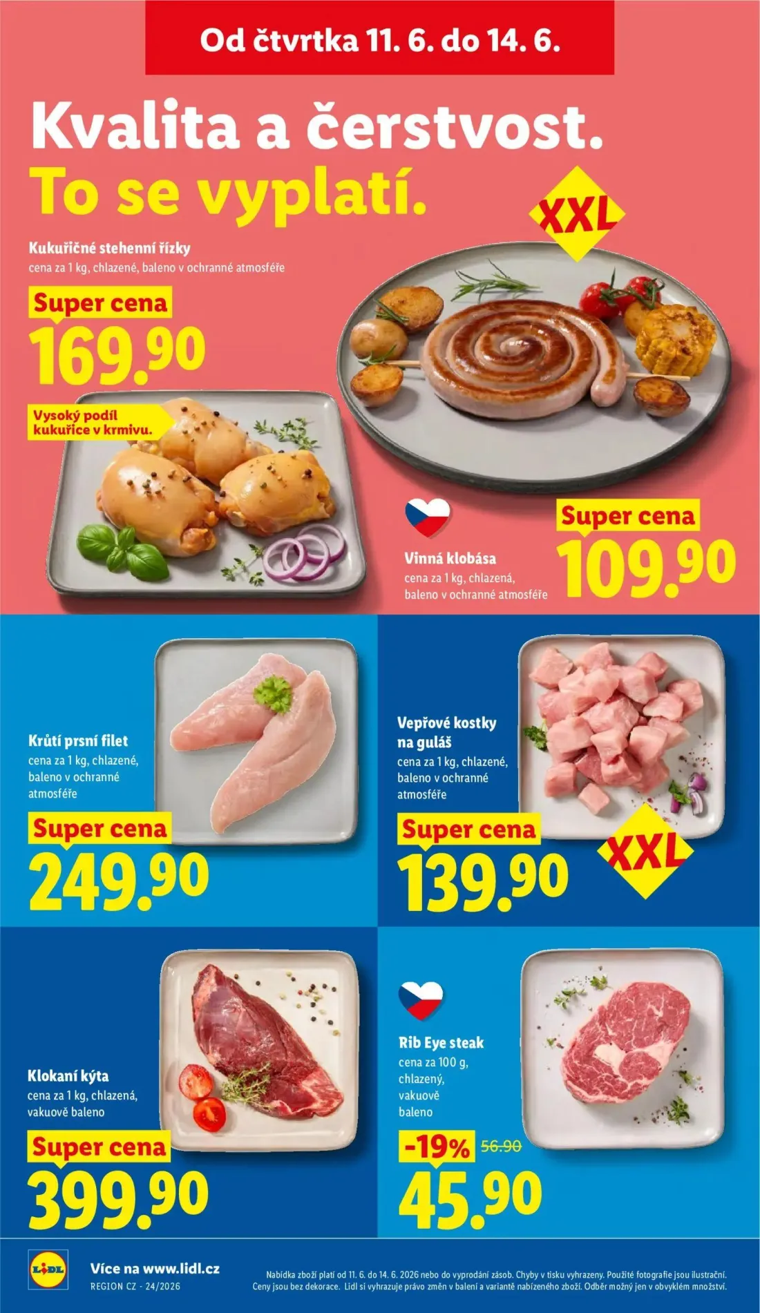 Lidl leták, strana 16 z 57 — Rib Eye steak, Kukuřičné stehenní řízky, Vinná klobása