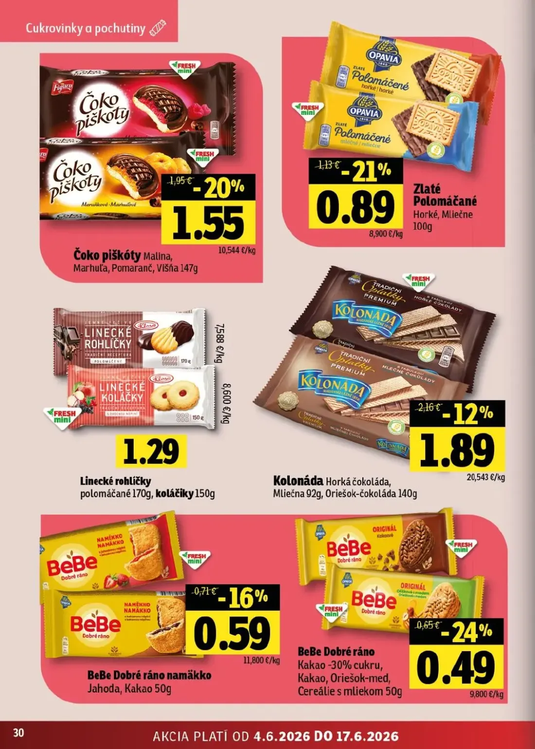 Terno leták, strana 30 z 56 — Čoko piškóty Malina, Marhuľa, Pomaranč, Višňa, Kolonáda Horká čokoláda, Mliečna, Oriešok-čokol…