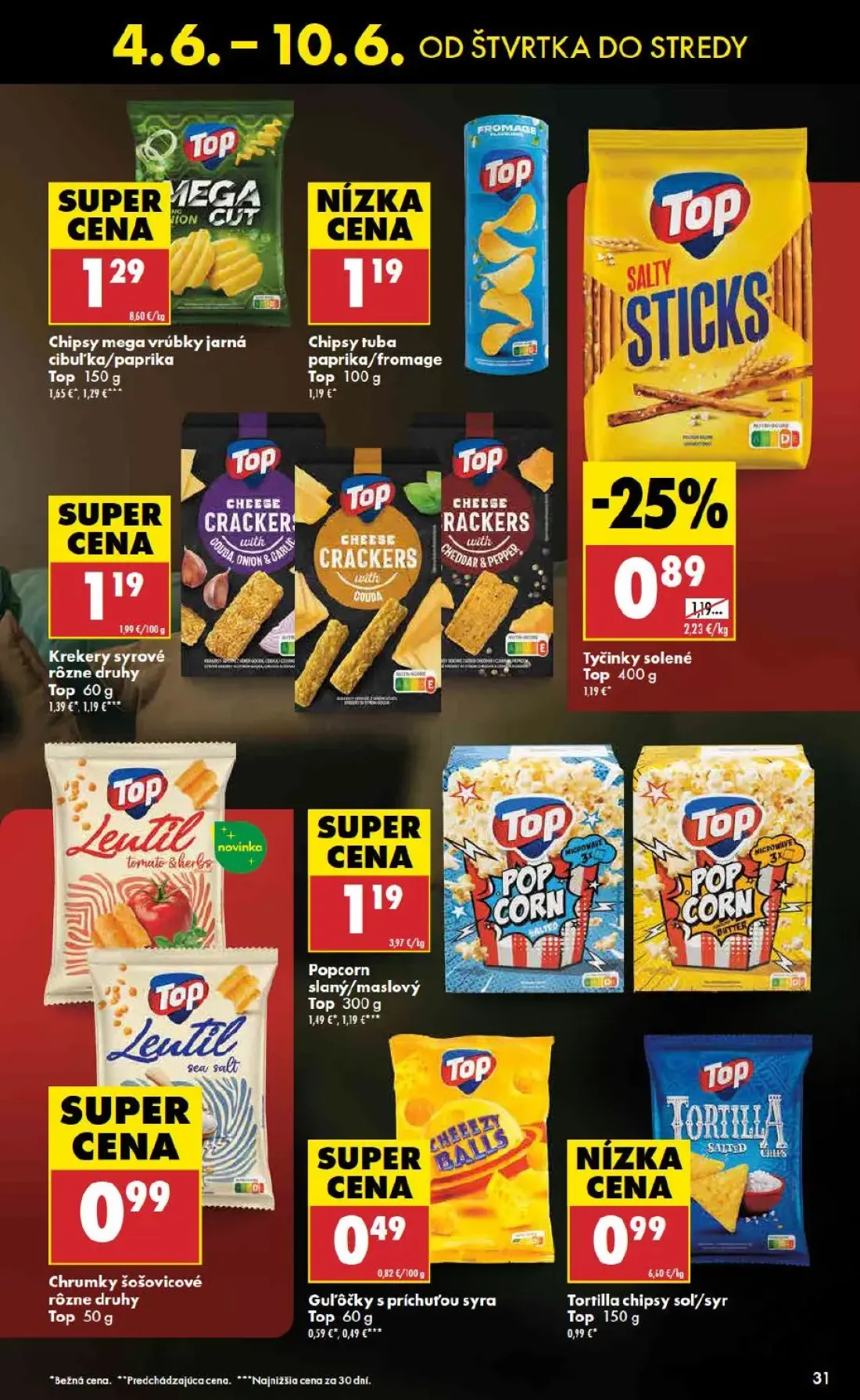 Terno leták, strana 31 z 48 — Popcorn slaný/maslový, Chrumky šošovicové rôzne druhy, Chipsy mega vrúbky jarná cibuľka/paprika