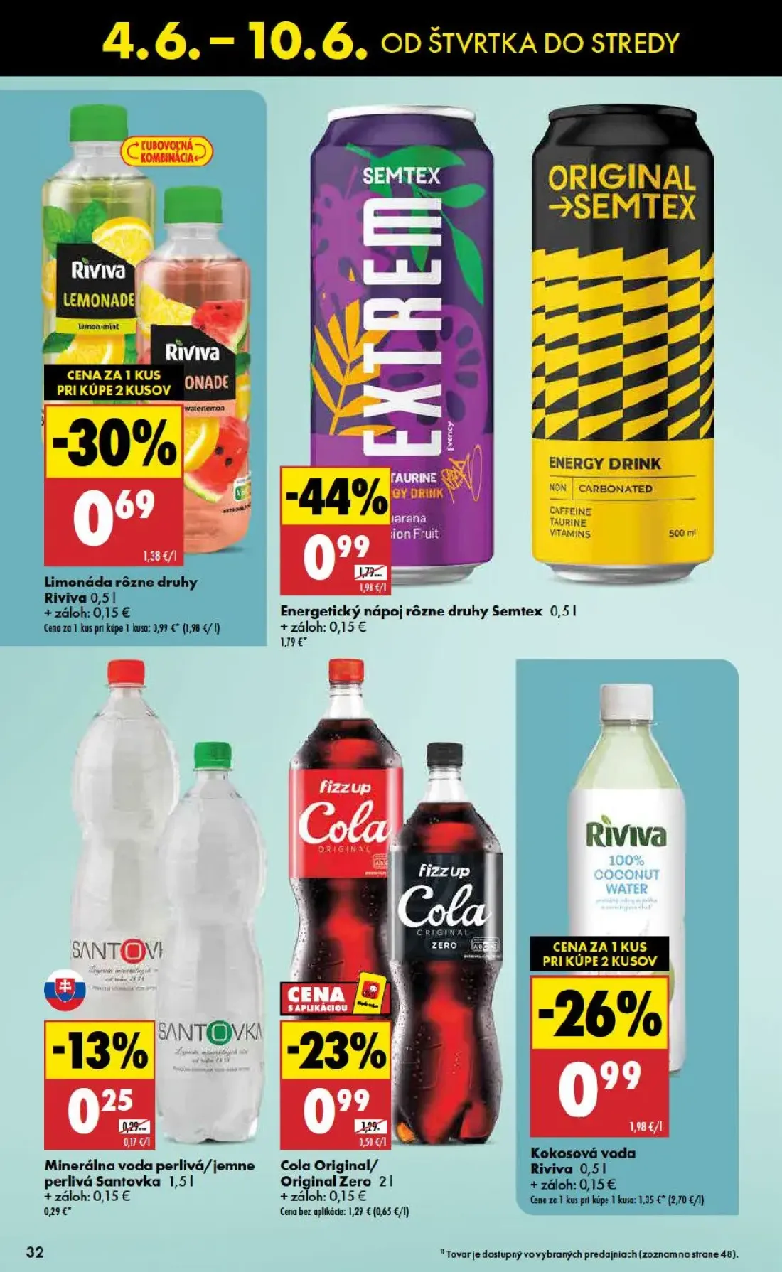 Terno leták, strana 32 z 48 — Energetický nápoj rôzne druhy Semtex, Kokosová voda Riviva, Limonáda rôzne druhy Riviva