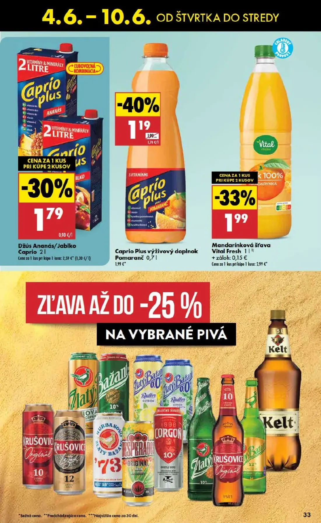 Terno leták, strana 33 z 48 — Mandarínková šťava Vital Fresh, Džús Ananás/Jablko Caprio, Caprio Plus výživový doplnok Pomara…