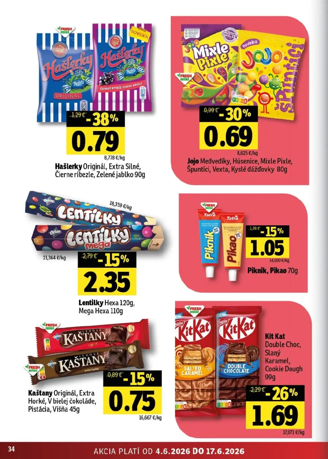 Terno leták, strana 34 z 56 — Kit Kat Double Choc, Slaný Karamel, Cookie Dough, Hašlerky Originál, Extra Silné, Čierne ríbez…