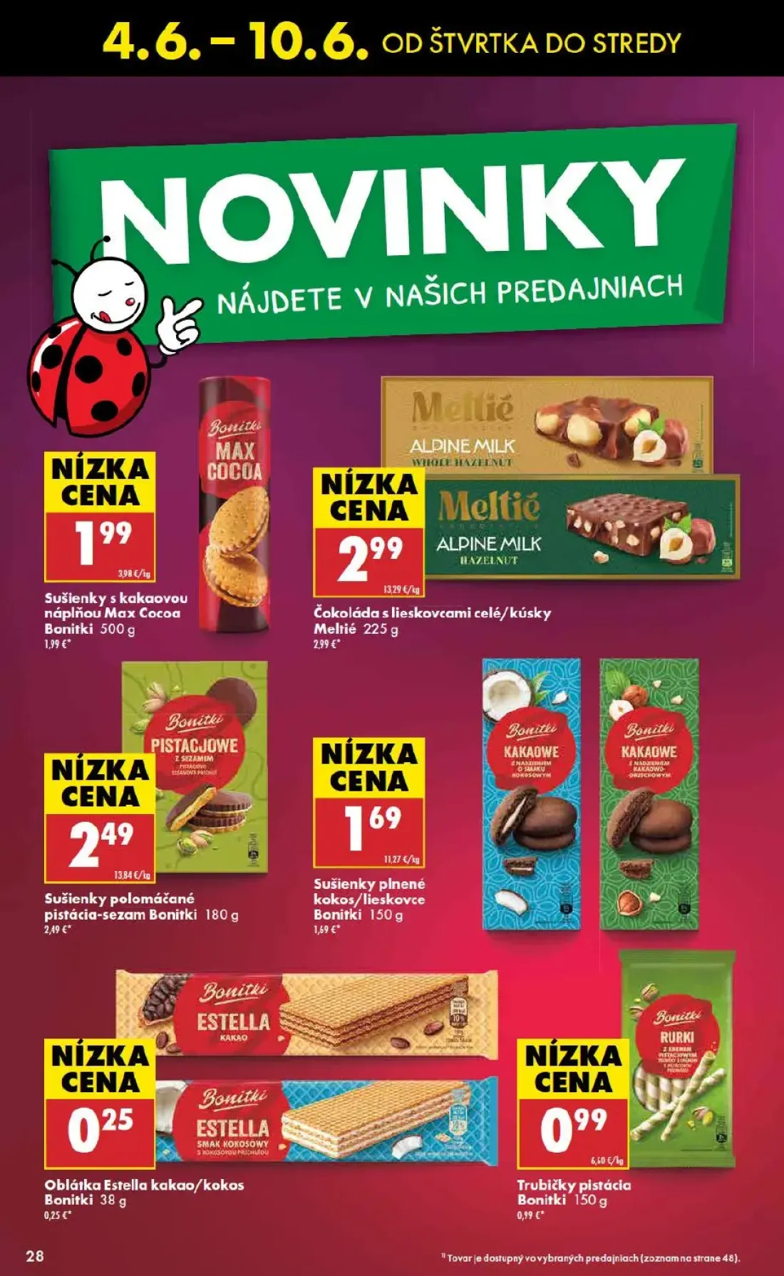 Biedronka leták, strana 28 z 48 — Sušienky s kakaovou náplňou Max Cocoa Bonitki, Čokoláda s lieskovcami celé/kúsky Meltié, S…