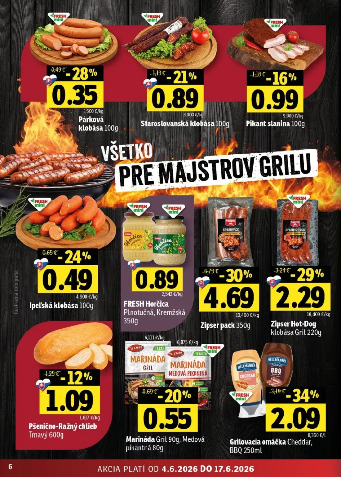Fresh východ leták, strana 6 z 56 — Grilovacia omáčka Cheddar, BBQ, Zipser Hot-Dog klobása Gril, Pšenično-Ražný chlieb Tmavý