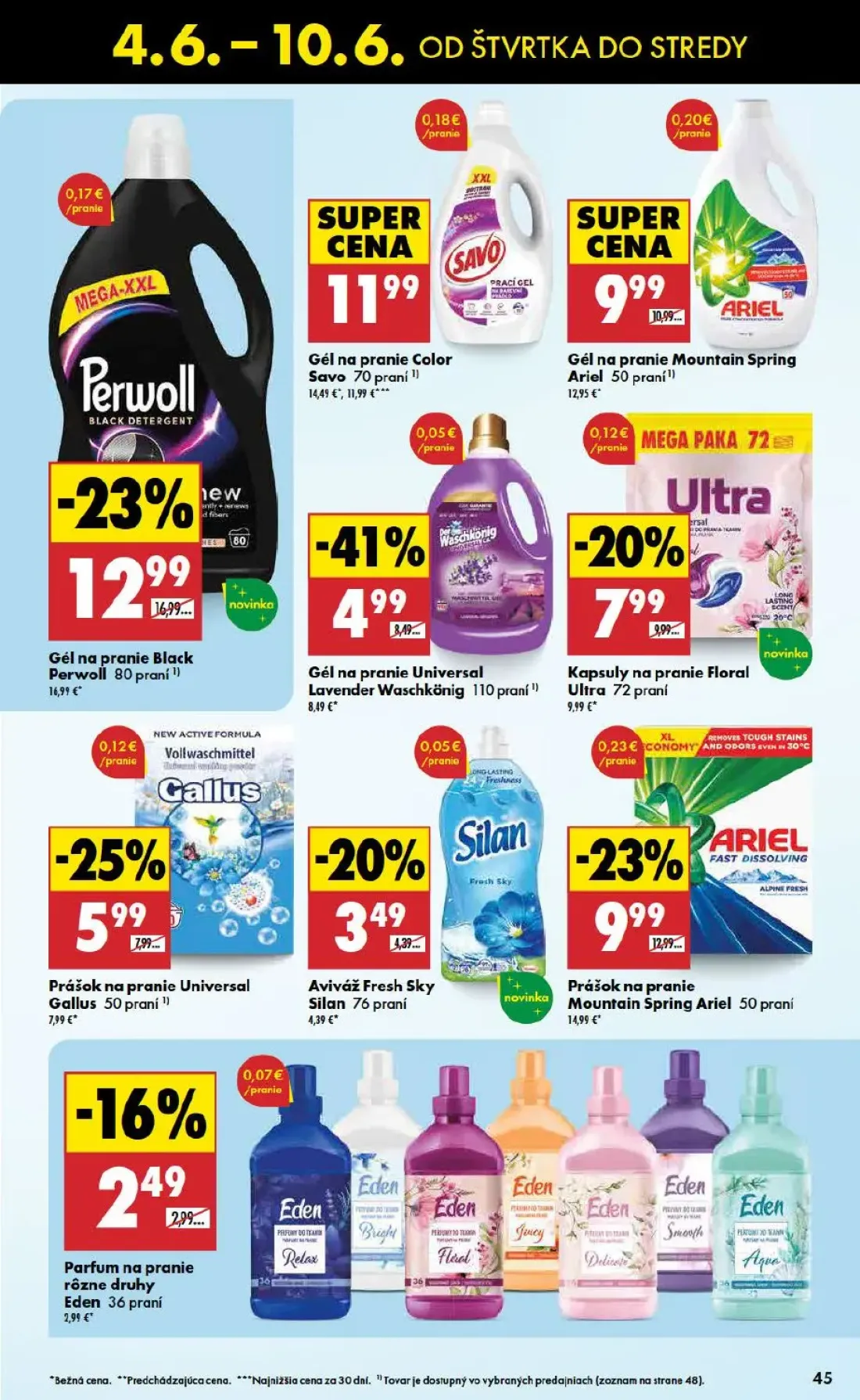 Terno leták, strana 45 z 48 — Prášok na pranie Mountain Spring Ariel, Gél na pranie Black Perwoll, Gél na pranie Universal L…