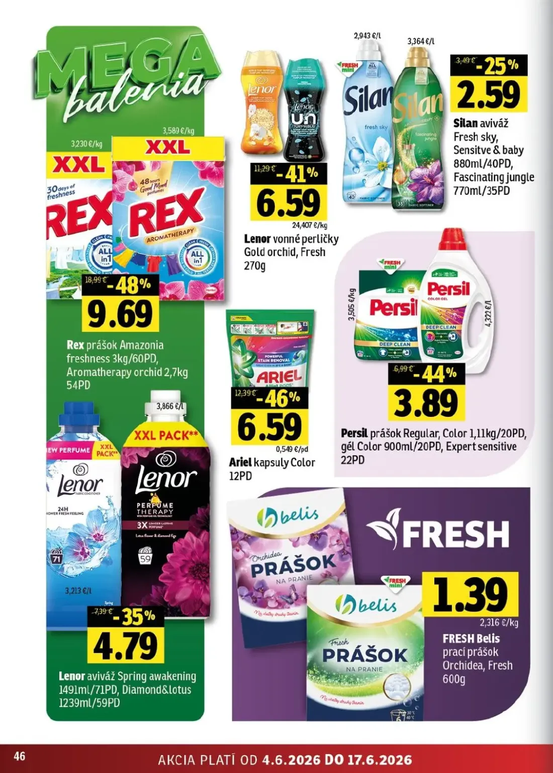 Terno leták, strana 46 z 56 — Rex prášok Amazonia freshness 3kg/60PD, Aromatherapy orchid 2,7kg 54PD, Ariel kapsuly Color, L…