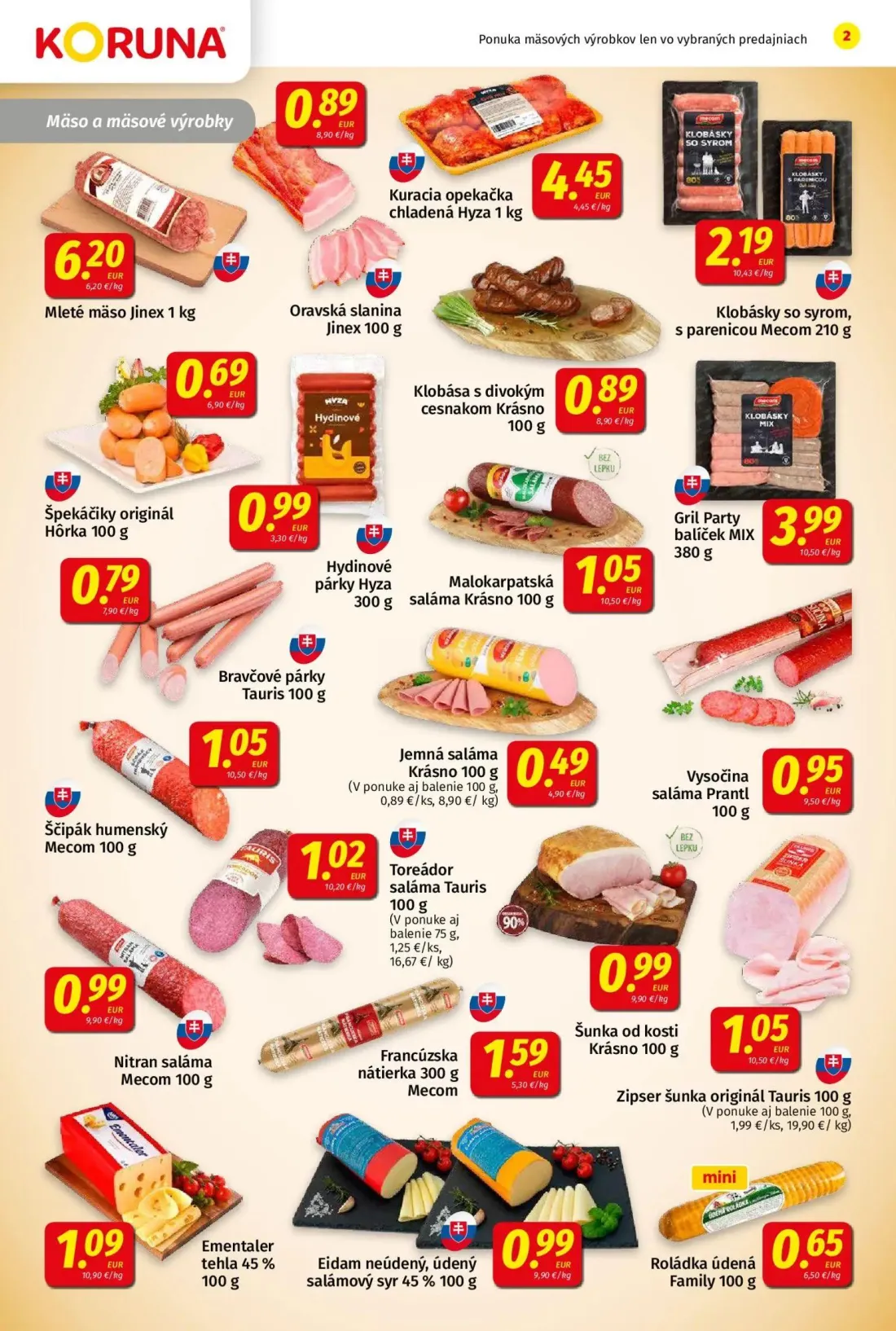 Koruna leták, strana 2 z 24 — Oravská slanina Jinex, Gril Party balíček MIX, Ementaler tehla 45%