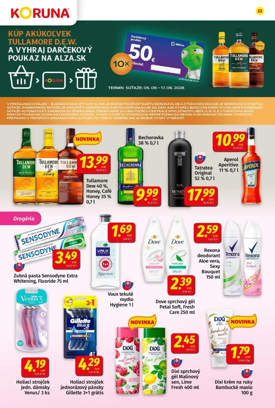 Koruna leták, strana 22 z 24 — Dove sprchový gél Petal Soft, Fresh Care, Rexona deodorant Aloe vera, Sexy Bouquet
