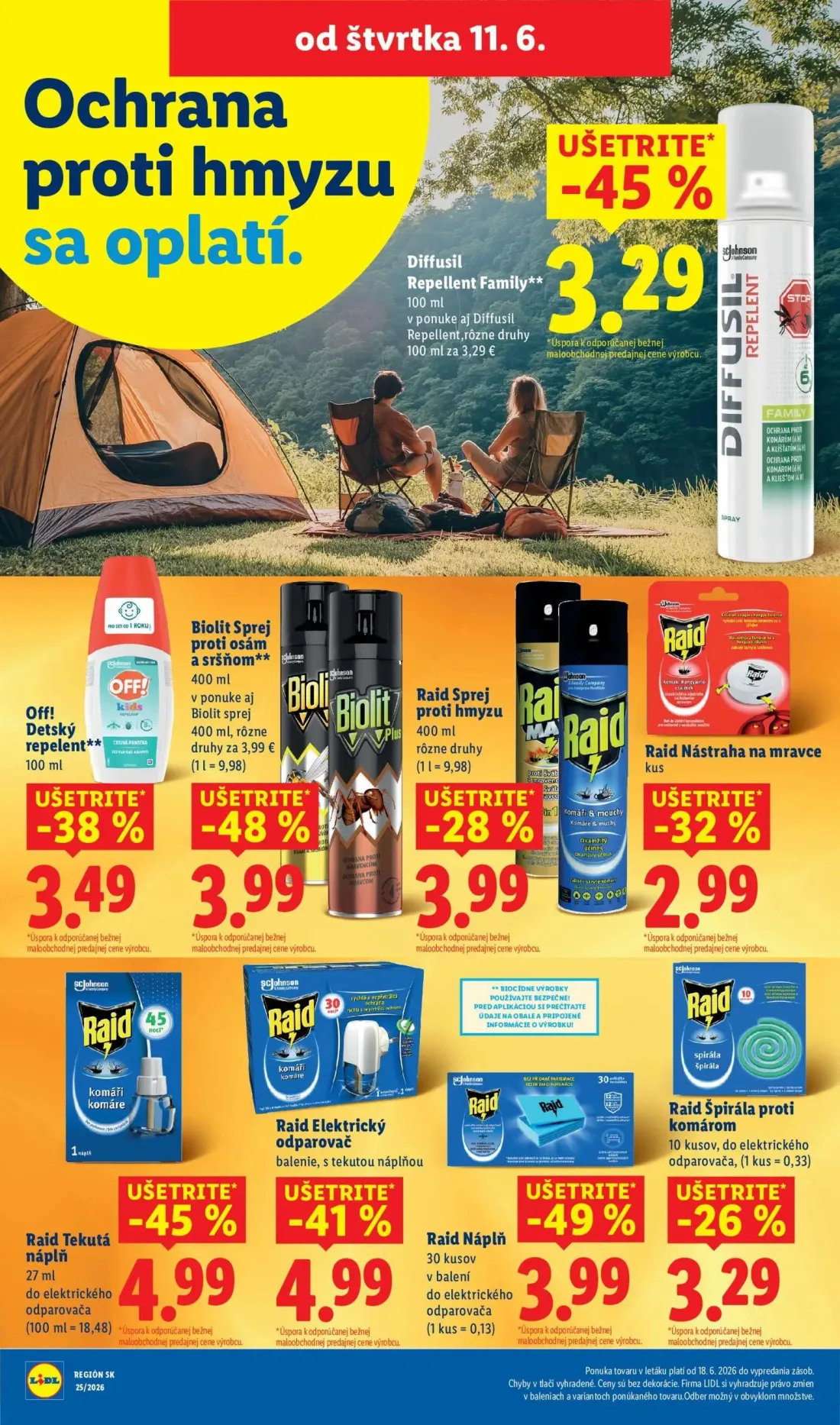 Lidl leták, strana 73 z 99 — Diffusil Repellent Family, Off! Detský repelent, Biolit Sprej proti osám a sršňom