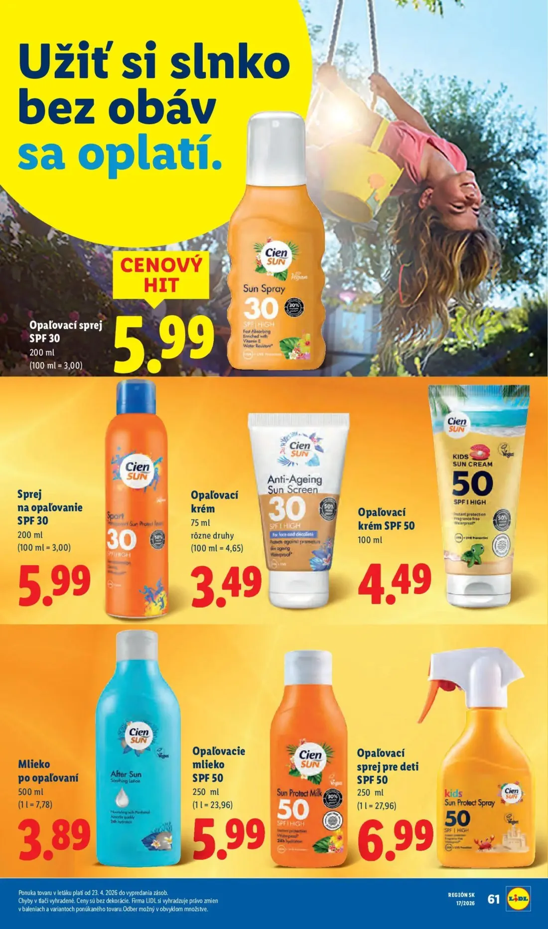 Lidl leták, strana 74 z 99 — Opaľovací sprej SPF 30 Cien SUN Sun Spray, Sprej na opaľovanie SPF 30 Cien SUN Sport Sun Pro, O…