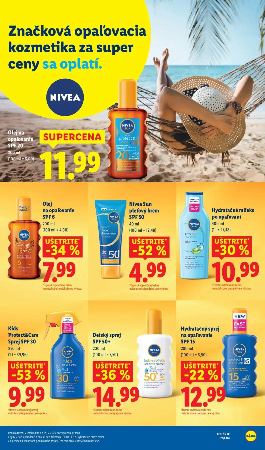 Lidl leták, strana 75 z 99 — Olej na opaľovanie SPF 20, Olej na opaľovanie SPF 6, Nivea Sun pleťový krém SPF 50