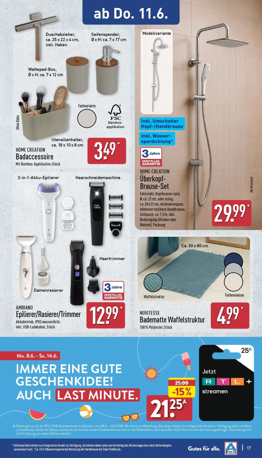 Aldi Nord Prospekt, Seite 21 von 40 — Badaccessoire, Überkopf-Brause-Set, Epilierer/Rasierer/Trimmer