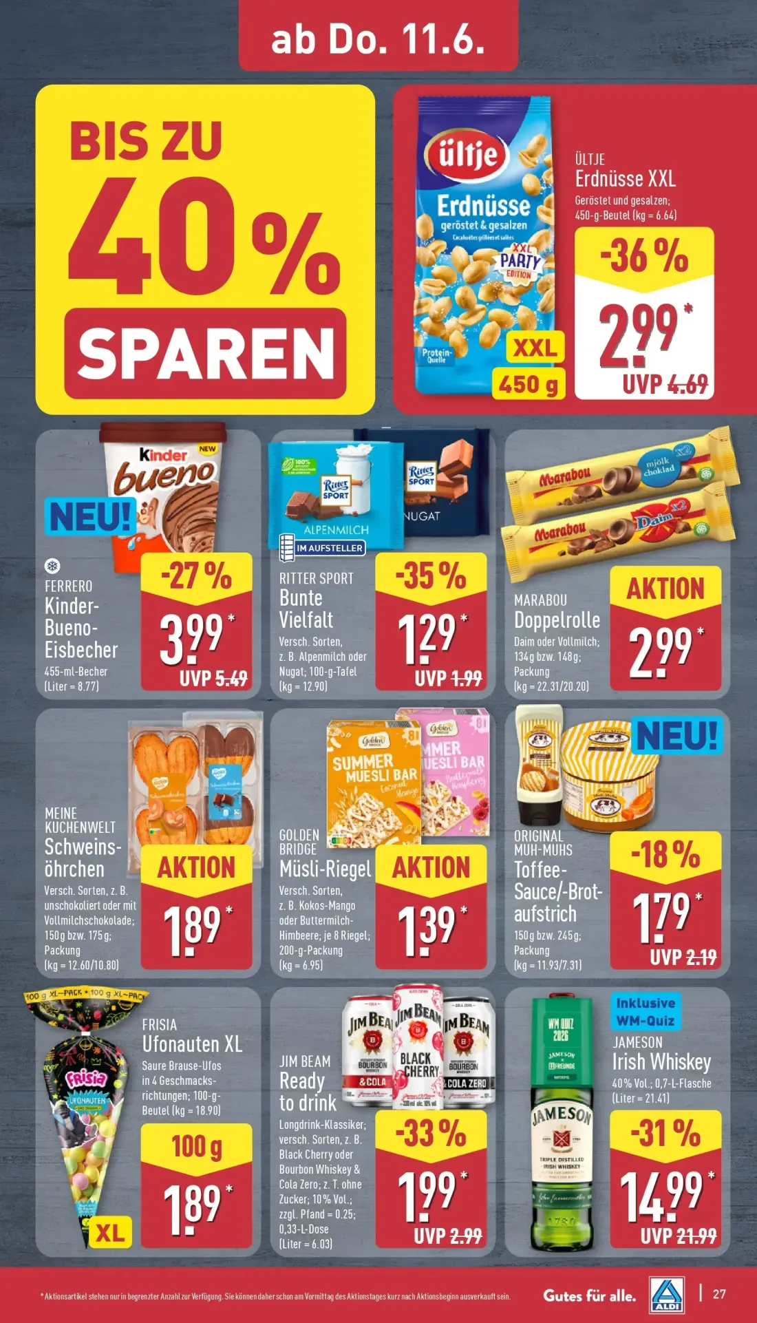 Aldi Nord Prospekt, Seite 31 von 40 — JAMESON Irish Whiskey, ÜLTJE Erdnüsse XXL, FERRERO Kinder-Bueno-Eisbecher