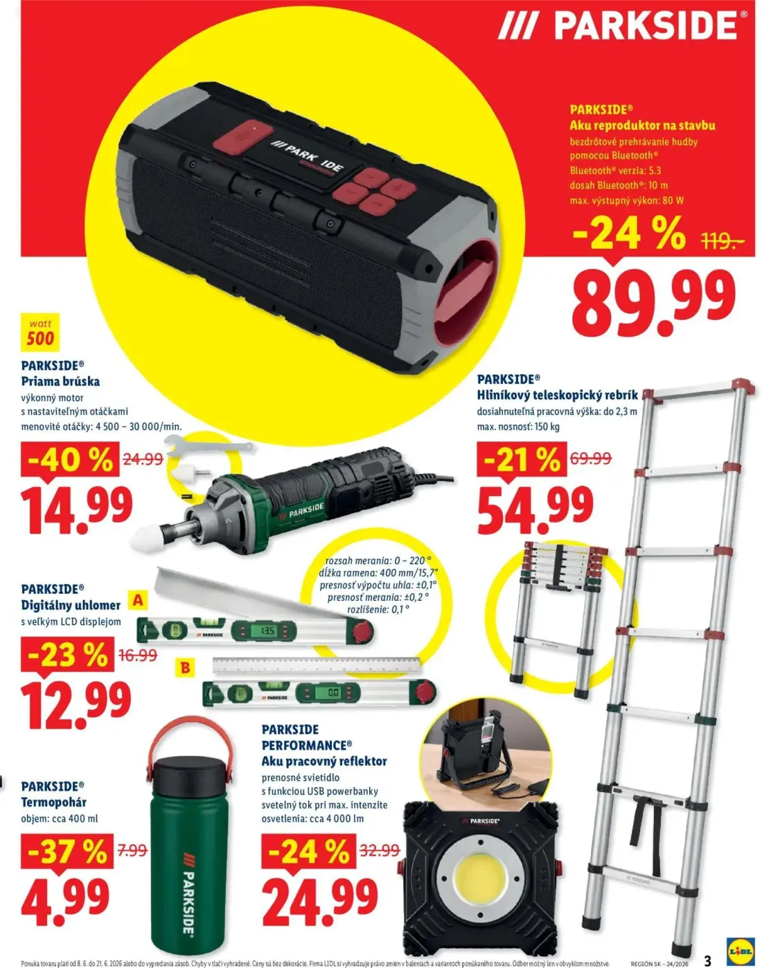 Lidl leták, strana 3 z 8 — Aku reproduktor na stavbu, Hliníkový teleskopický rebrík, Aku pracovný reflektor