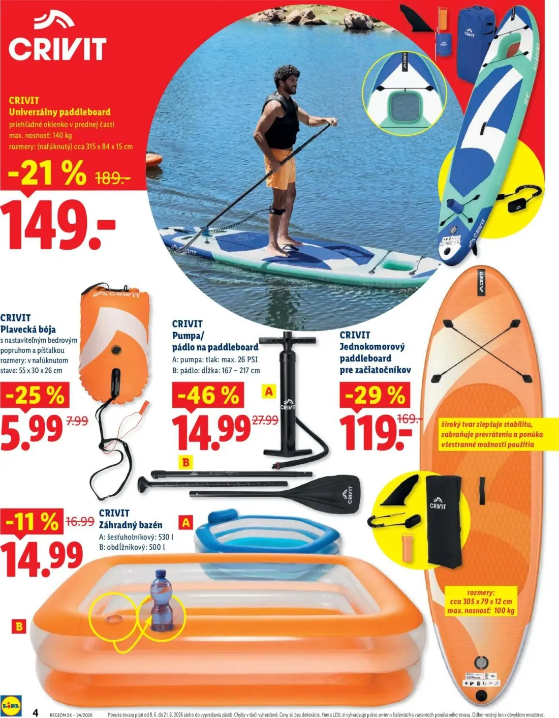 Lidl leták, strana 4 z 8 — Jednokomorový paddleboard pre začiatočníkov, Univerzálny paddleboard, Pumpa/pádlo na paddleboard