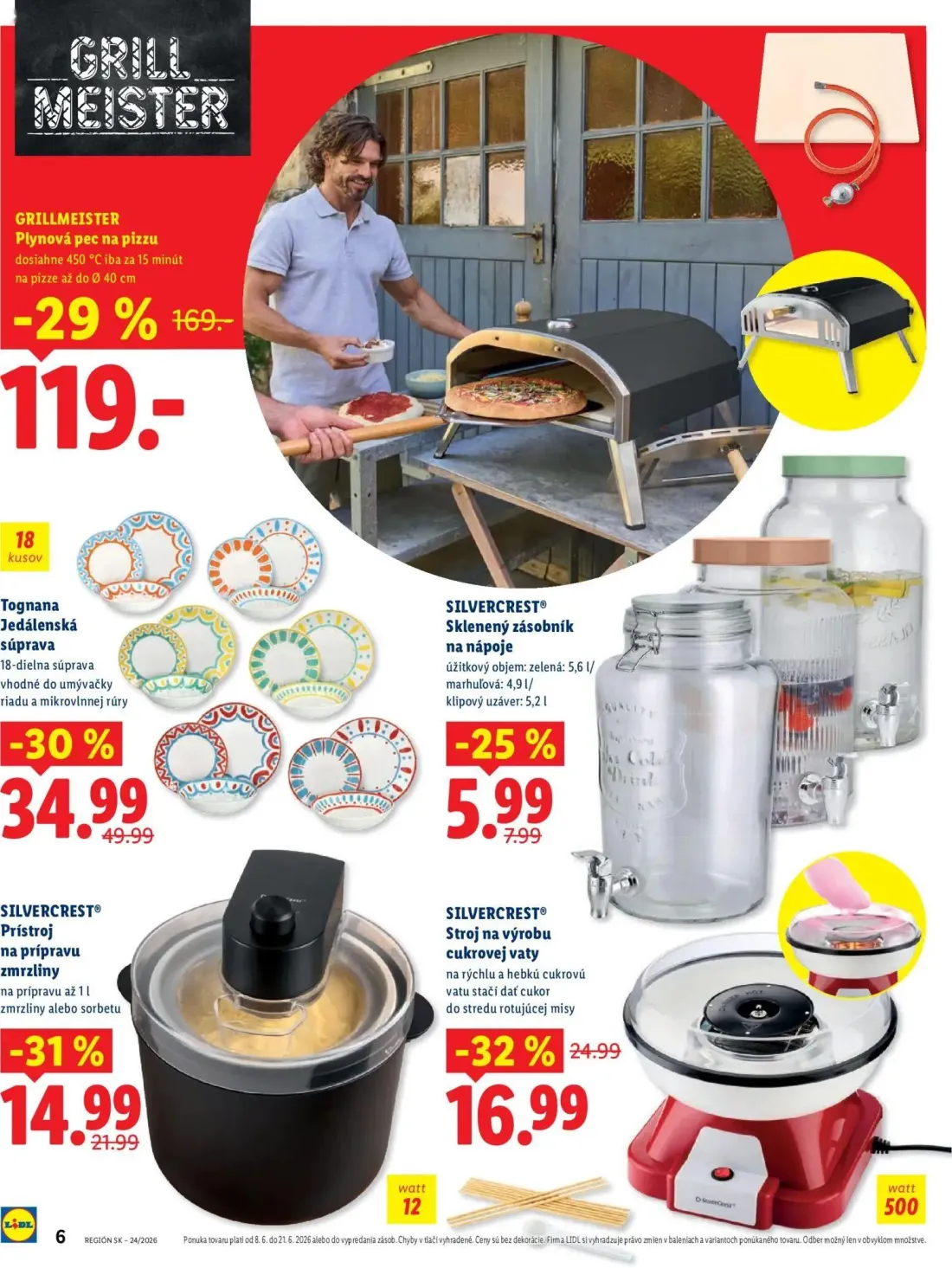 Lidl leták, strana 6 z 8 — Plynová pec na pizzu, Jedálenská súprava, Sklenený zásobník na nápoje