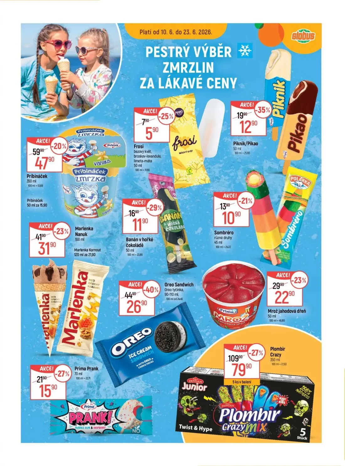 GLOBUS leták, strana 28 z 55 — Plombir Crazy, Oreo Sandwich, Pribináček zmrzka