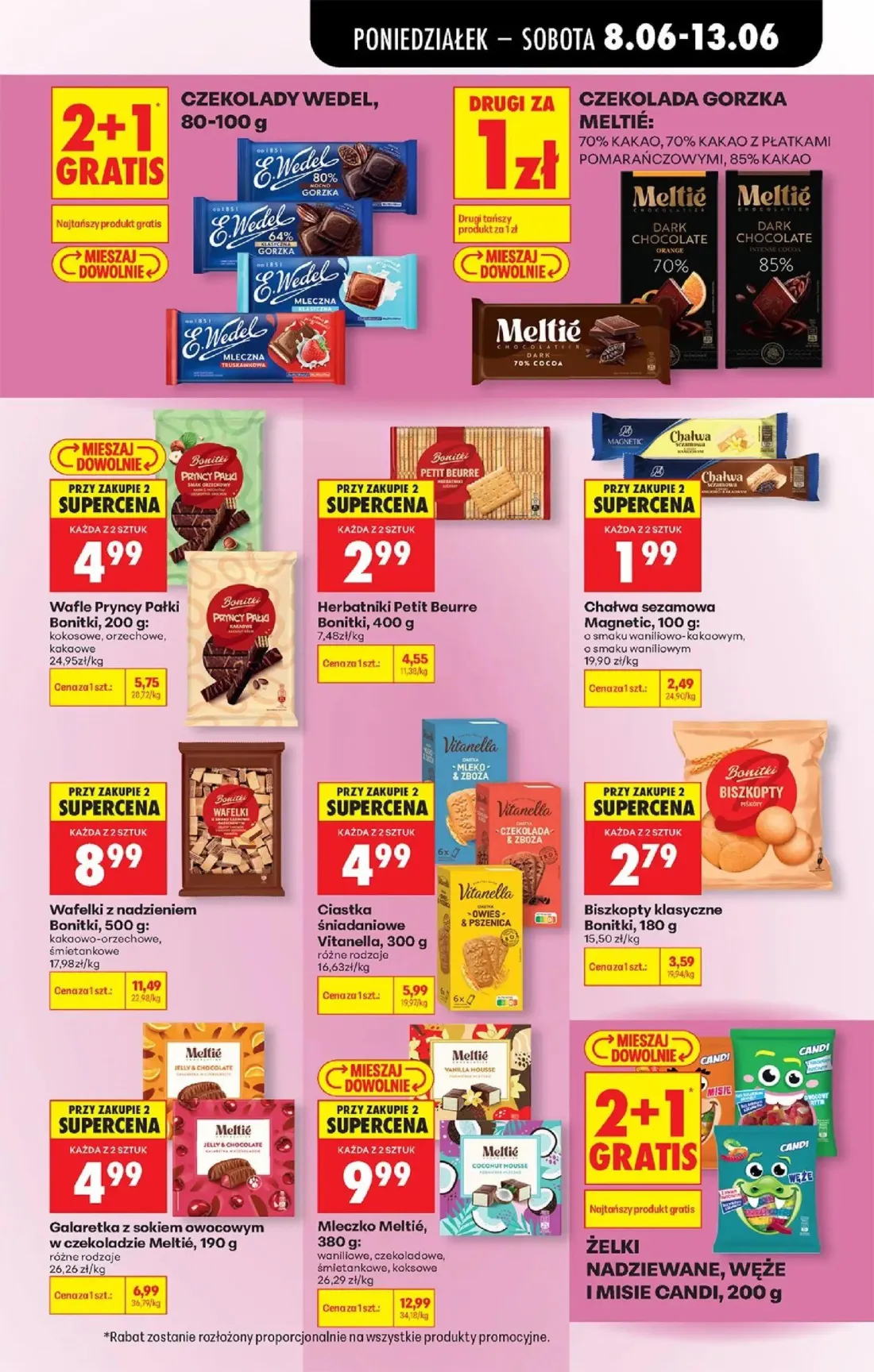 Biedronka gazetka, strona 69 z 88 — Mleczko Meltié, Wafelki z nadzieniem Bonitki, Galaretka z sokiem owocowym w czekoladzie …