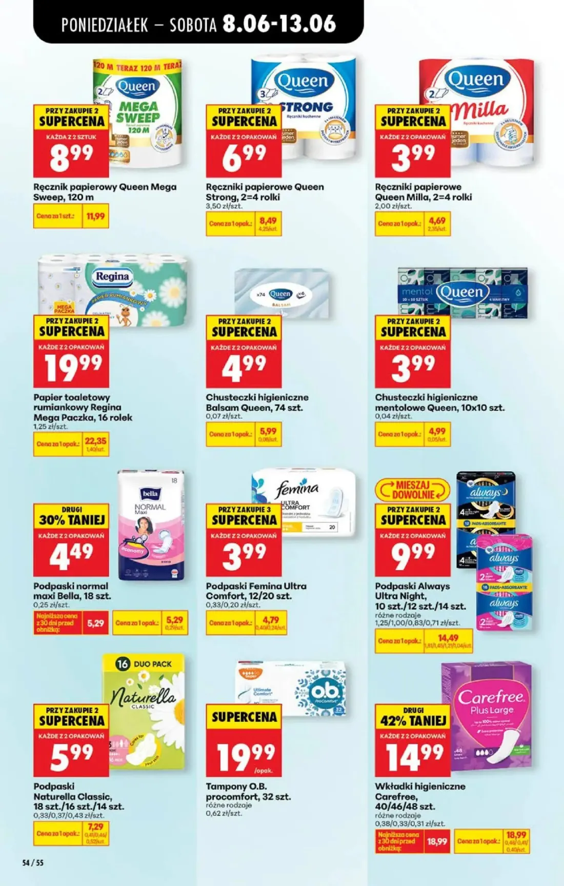 Biedronka gazetka, strona 74 z 88 — Podpaski Always Ultra Night, Wkładki higieniczne Carefree, Ręcznik papierowy Queen Mega …