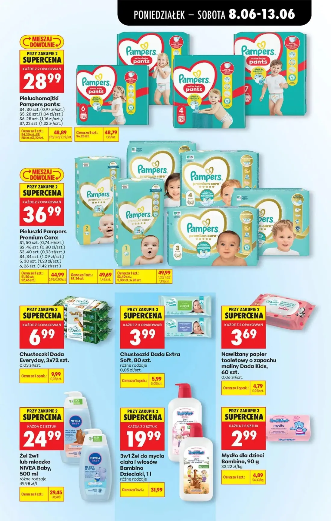 Biedronka gazetka, strona 79 z 88 — Pieluchomajtki Pampers pants, Pieluszki Pampers Premium Care, 3w1 Żel do mycia ciała i w…