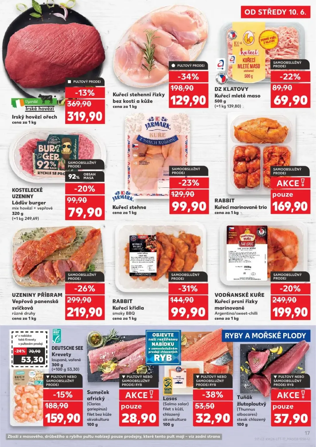 Kaufland leták, strana 17 z 54 — JARMARK Kuřecí stehna, KOSTELECKÉ UZENINY Láďův burger mix hovězí + vepřové