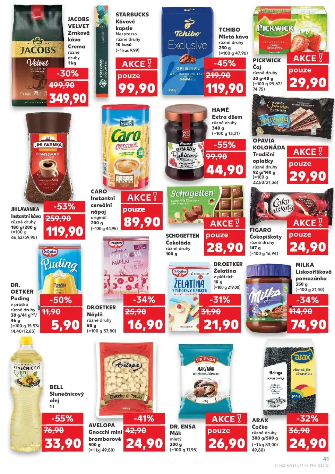 Kaufland leták, strana 41 z 54 — JACOBS VELVET Zrnková káva Crema různé druhy, DR. OETKER Puding v prášku různé druhy, STARB…