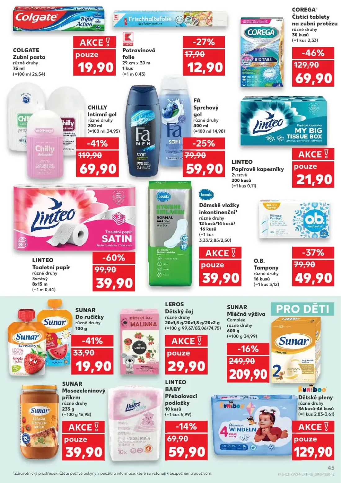 Kaufland leták, strana 45 z 54 — LINTEO Toaletní papír, FA Sprchový gel, Colgate Zubní pasta