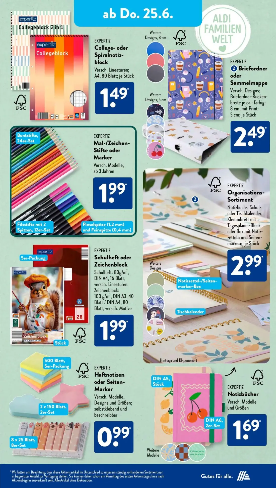 Aldi Süd Prospekt, Seite 8 von 24 — College- oder Spiralnotiz-block, Briefordner oder Sammelmappe, Mal-/Zeichen-Stifte oder …
