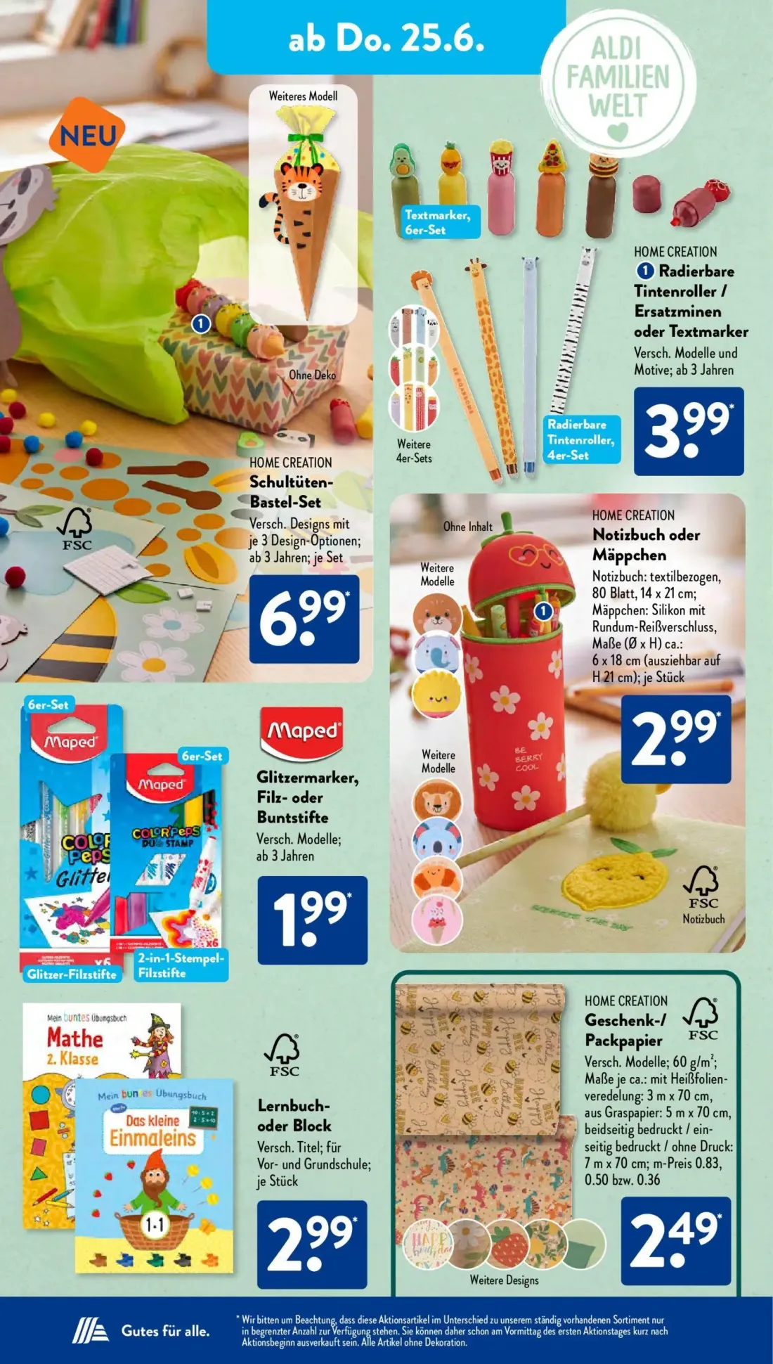 Aldi Süd Prospekt, Seite 9 von 24 — Radierbare Tintenroller / Ersatzminen oder Textmarker, Schultüten-Bastel-Set, Glitzermar…