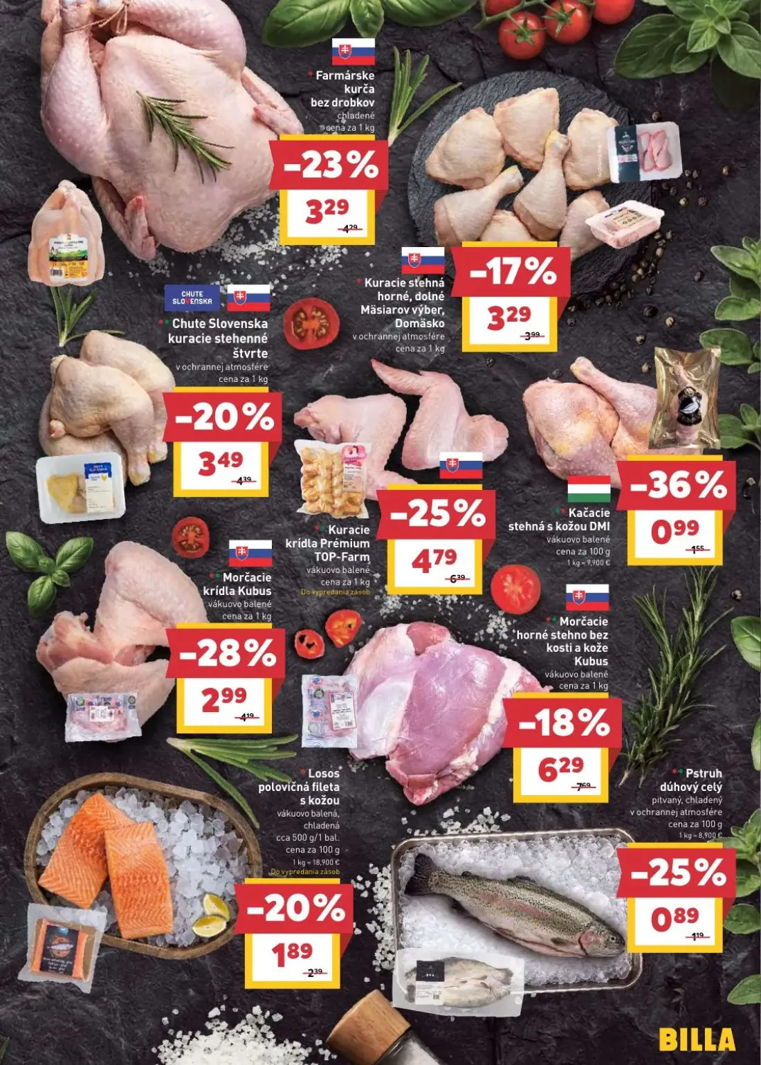 Billa leták, strana 7 z 32 — Kuracie krídla Prémium TOP-Farm, Morčacie horné stehno bez kosti a kože Kubus, Morčacie krídla …