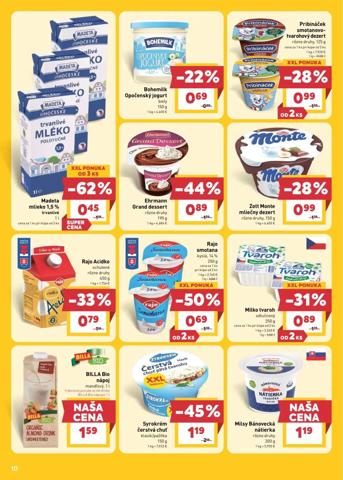 Billa leták, strana 14 z 32 — Madeta mlieko 1,5% trvanlivé, Ehrmann Grand dessert, Rajo smotana kyslá, 14%