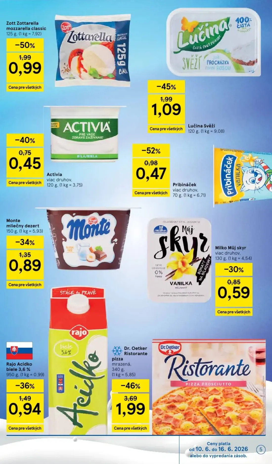 Tesco leták, strana 5 z 51 — Zott Zottarella mozzarella classic, Lučina Svěží, Rajo Acidko biele 3.6%
