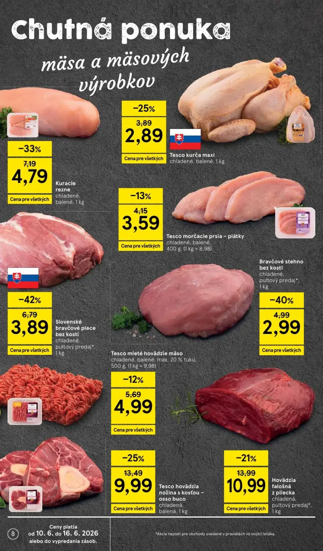 Tesco leták, strana 8 z 51 — Tesco hovädzia nožina s kosťou - osso buco chladená, balená, Hovädzia falošná sviečková z pliec…