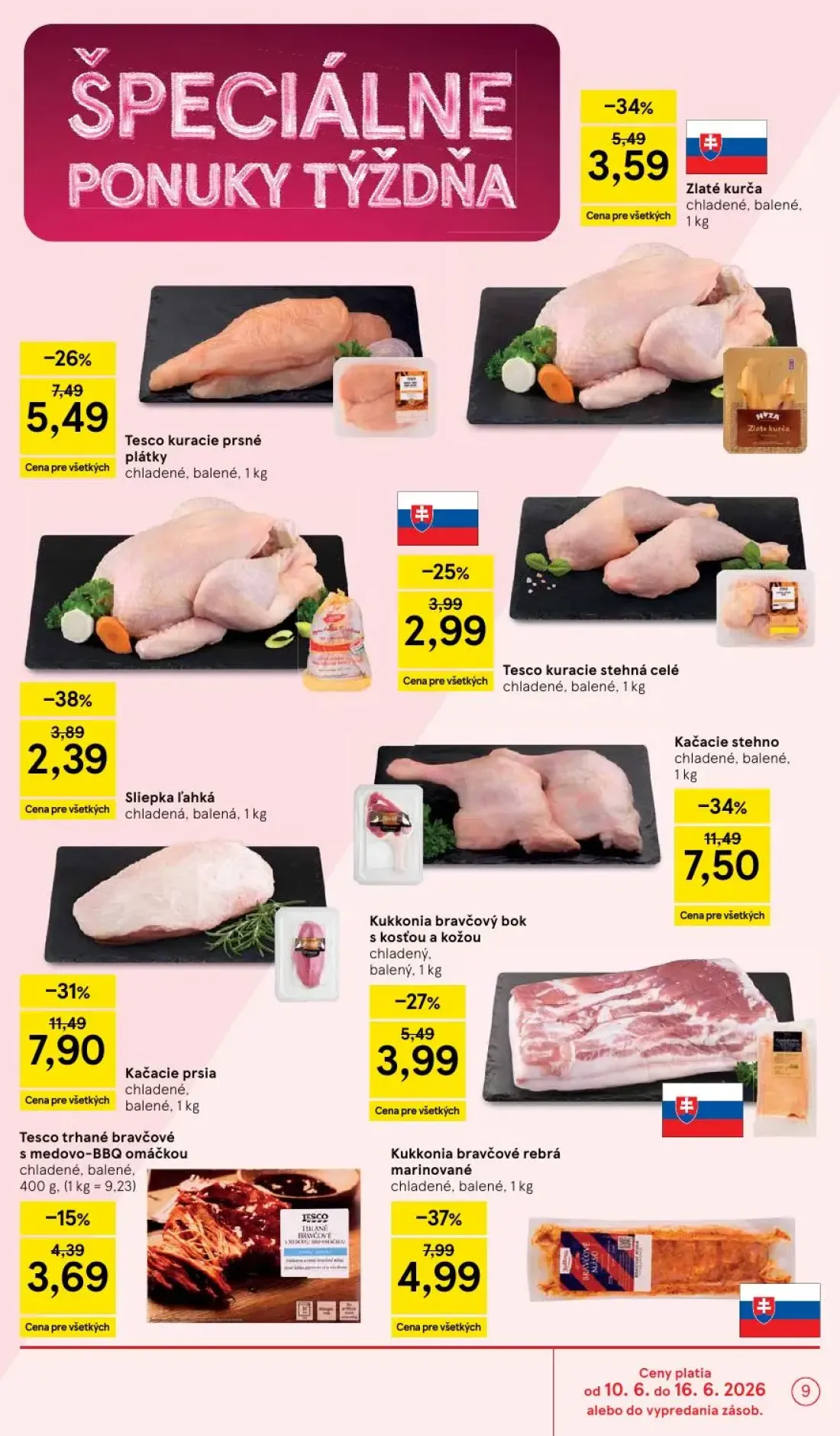 Tesco leták, strana 9 z 51 — Kačacie stehno, Kačacie prsia, Kukkonia bravčové rebrá marinované