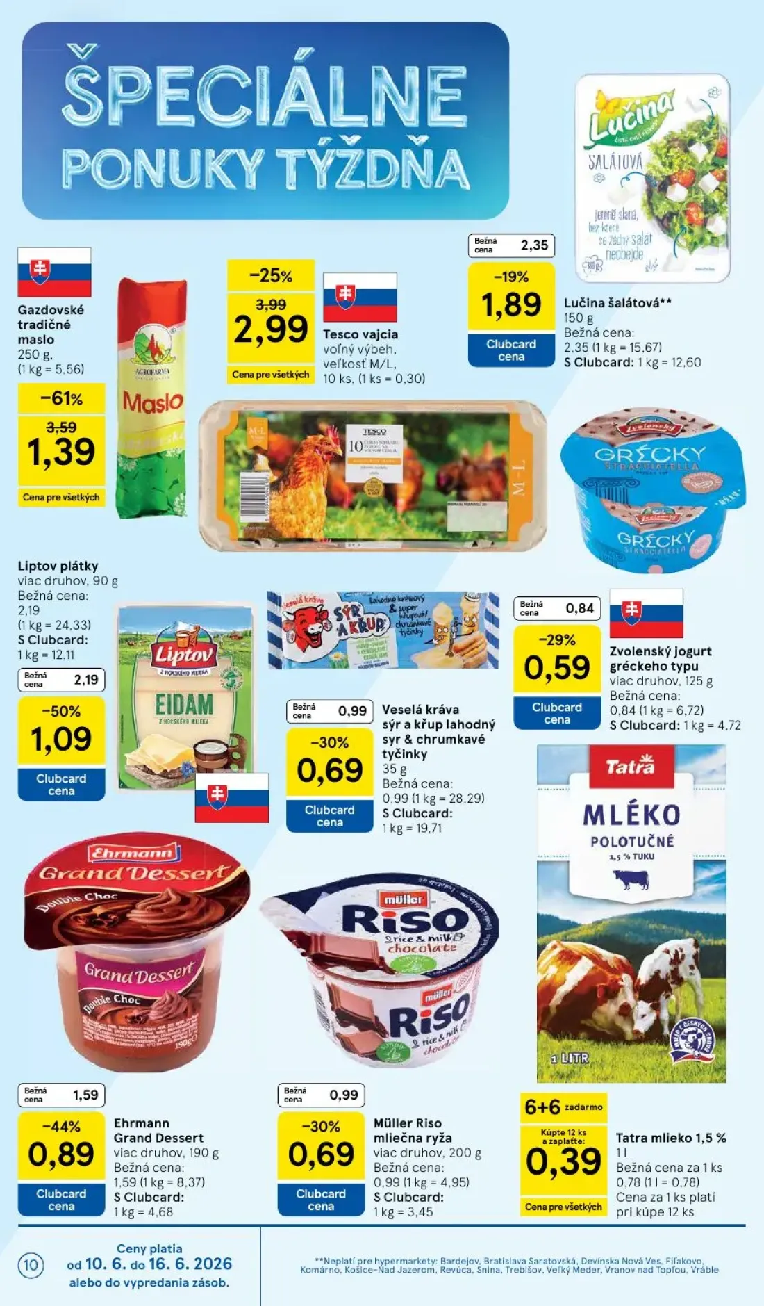 Tesco leták, strana 10 z 51 — Gazdovské tradičné maslo, Liptov plátky viac druhov, Tesco vajcia