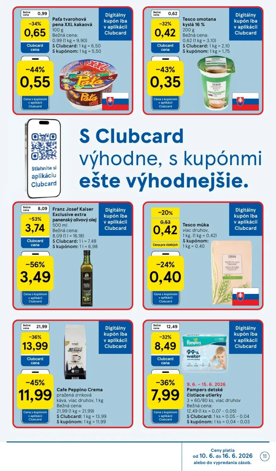 Tesco leták, strana 11 z 51 — Cafe Peppino Crema pražená zrnková káva, viac druhov, Franz Josef Kaiser Exclusive extra panen…