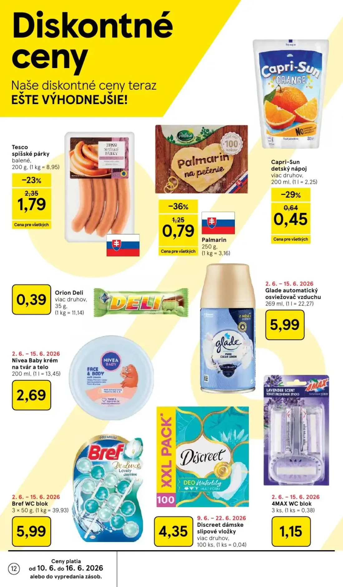Tesco leták, strana 12 z 51 — Capri-Sun detský nápoj, Bref WC blok, 4MAX WC blok