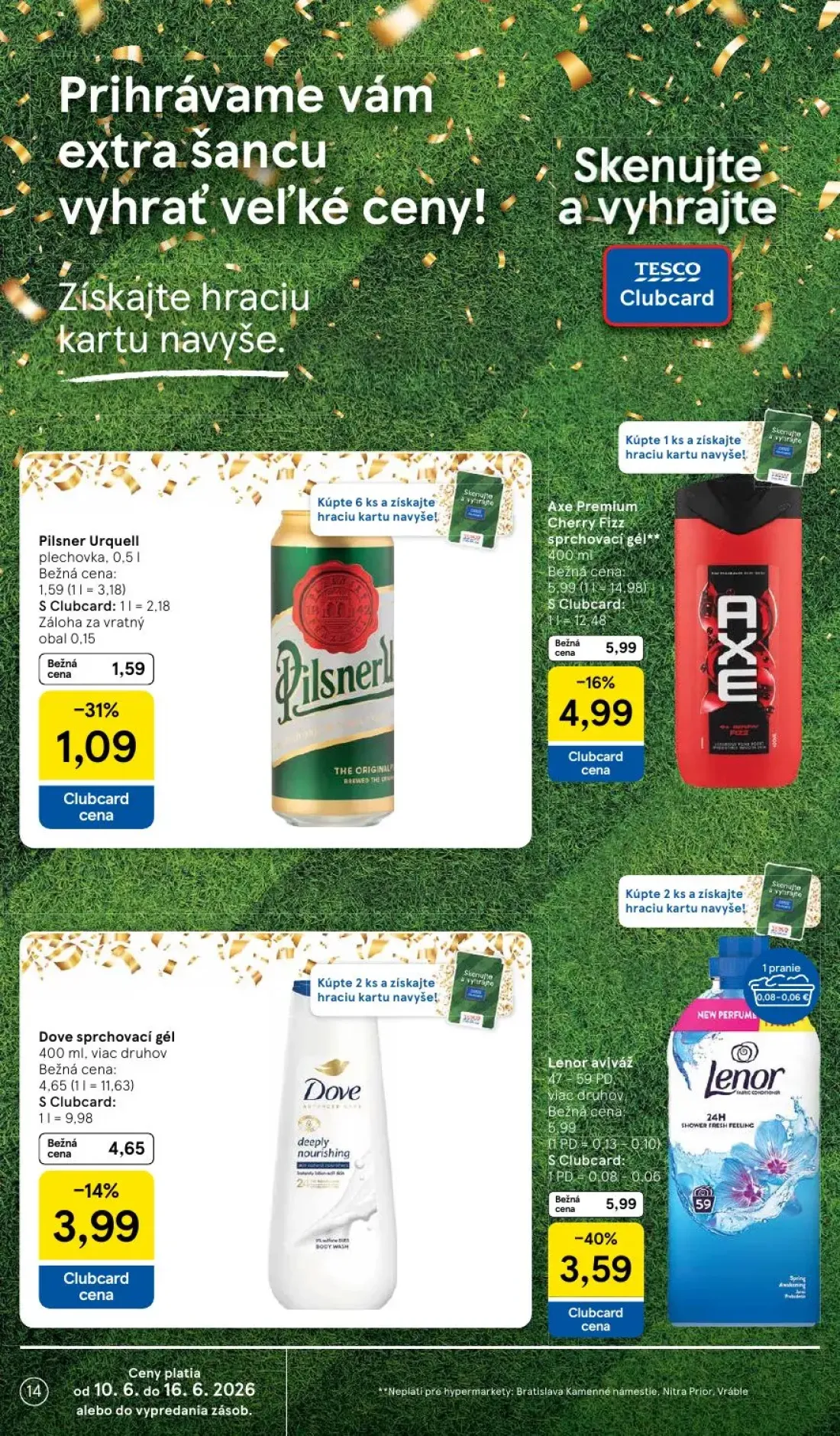 Tesco leták, strana 14 z 51 — Axe Premium Cherry Fizz sprchovací gél, Dove sprchovací gél