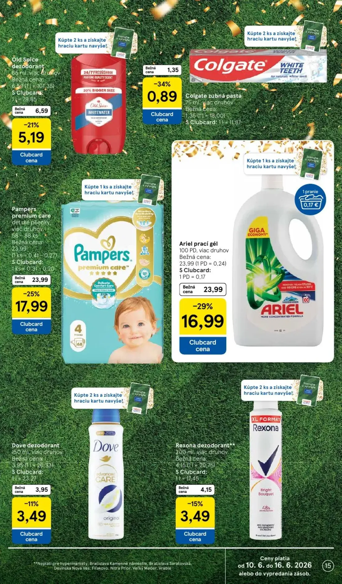 Tesco leták, strana 15 z 51 — Ariel prací gél, Pampers premium care, Old Spice dezodorant