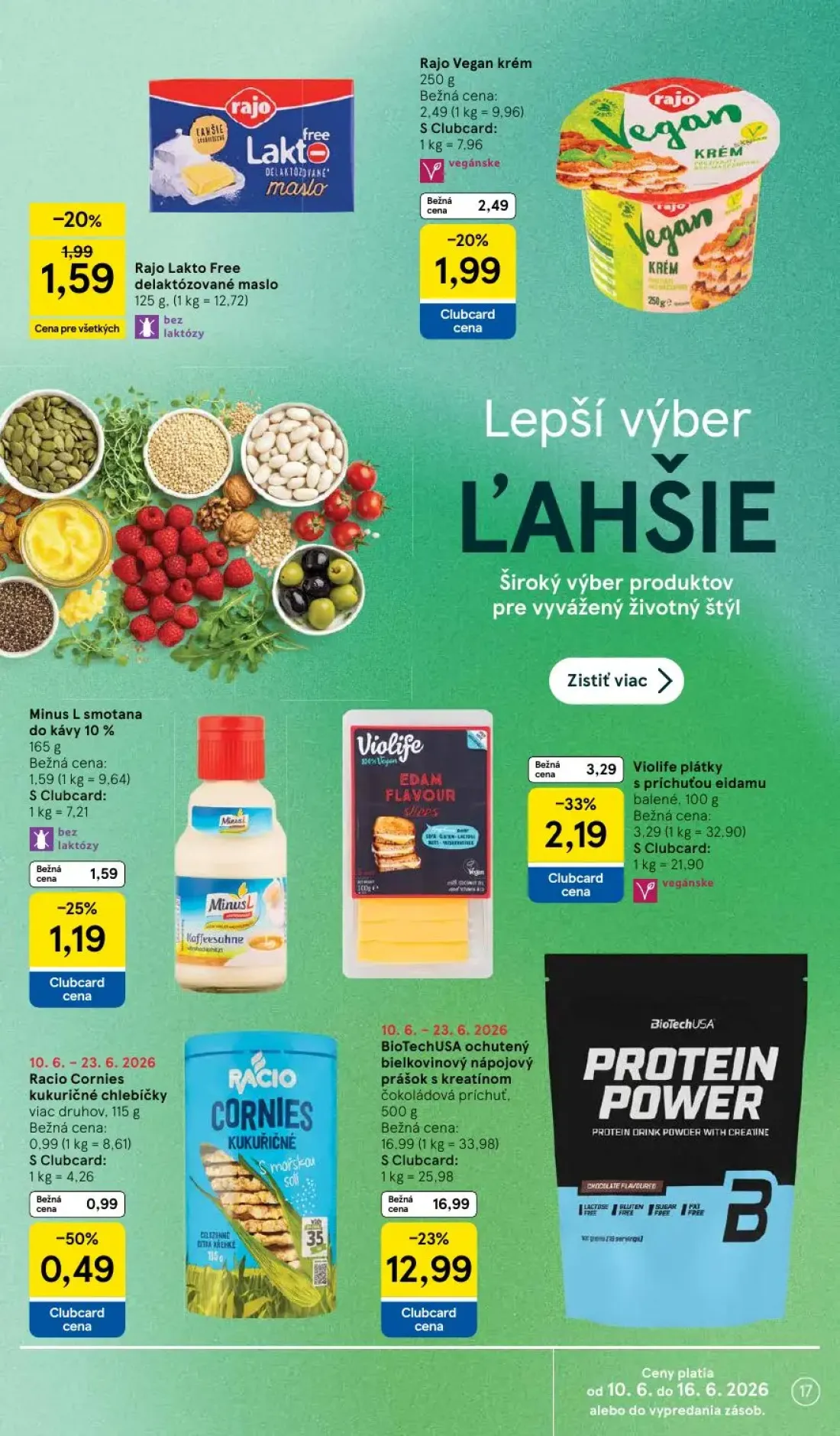 Tesco leták, strana 17 z 51 — Violife plátky s príchuťou eidamu, Rajo Vegan krém, Rajo Lakto Free delaktózované maslo