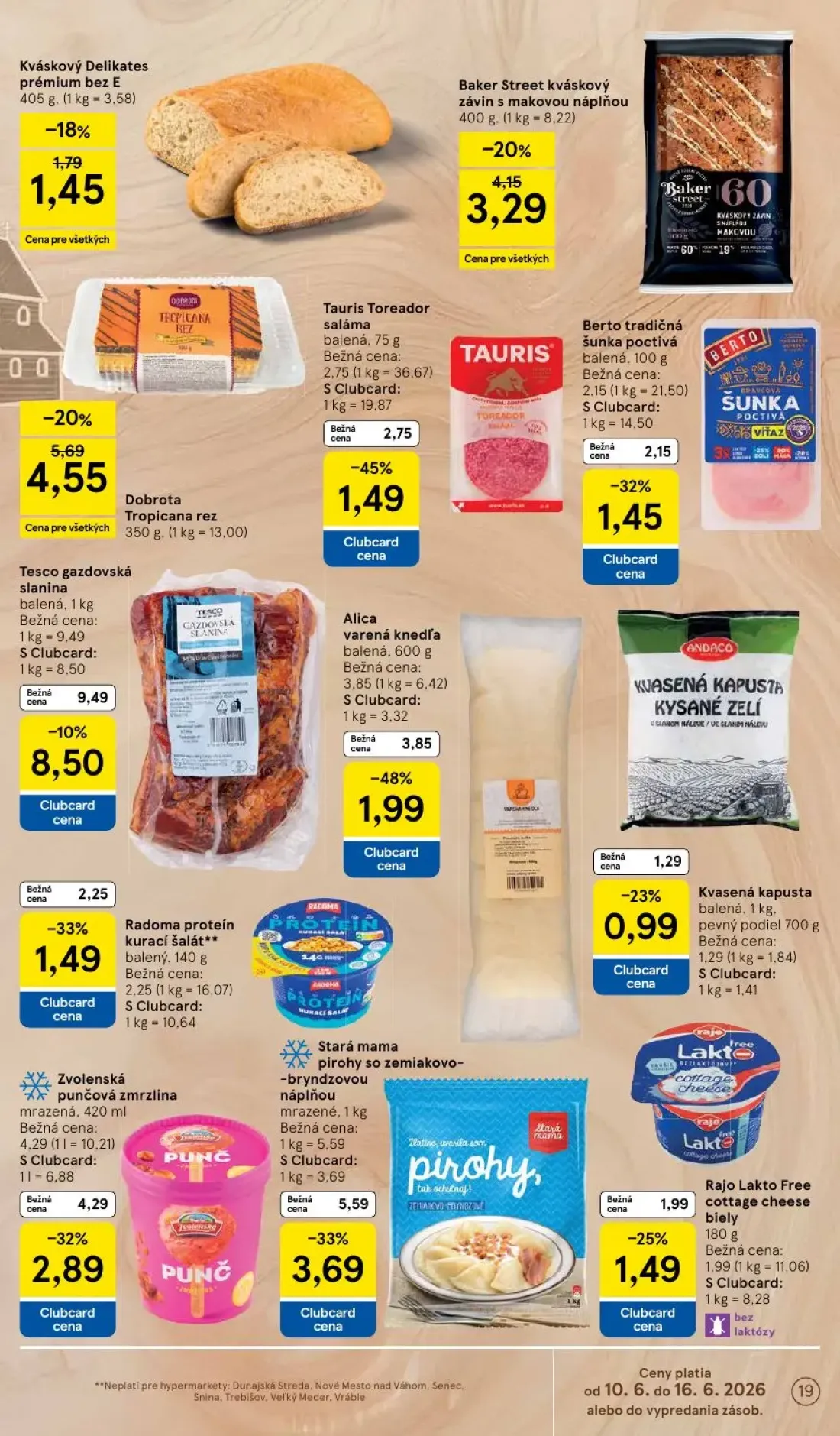 Tesco leták, strana 19 z 51 — Dobrota Tropicana rez, Baker Street kváskový závin s makovou náplňou, Rajo Lakto Free cottage …