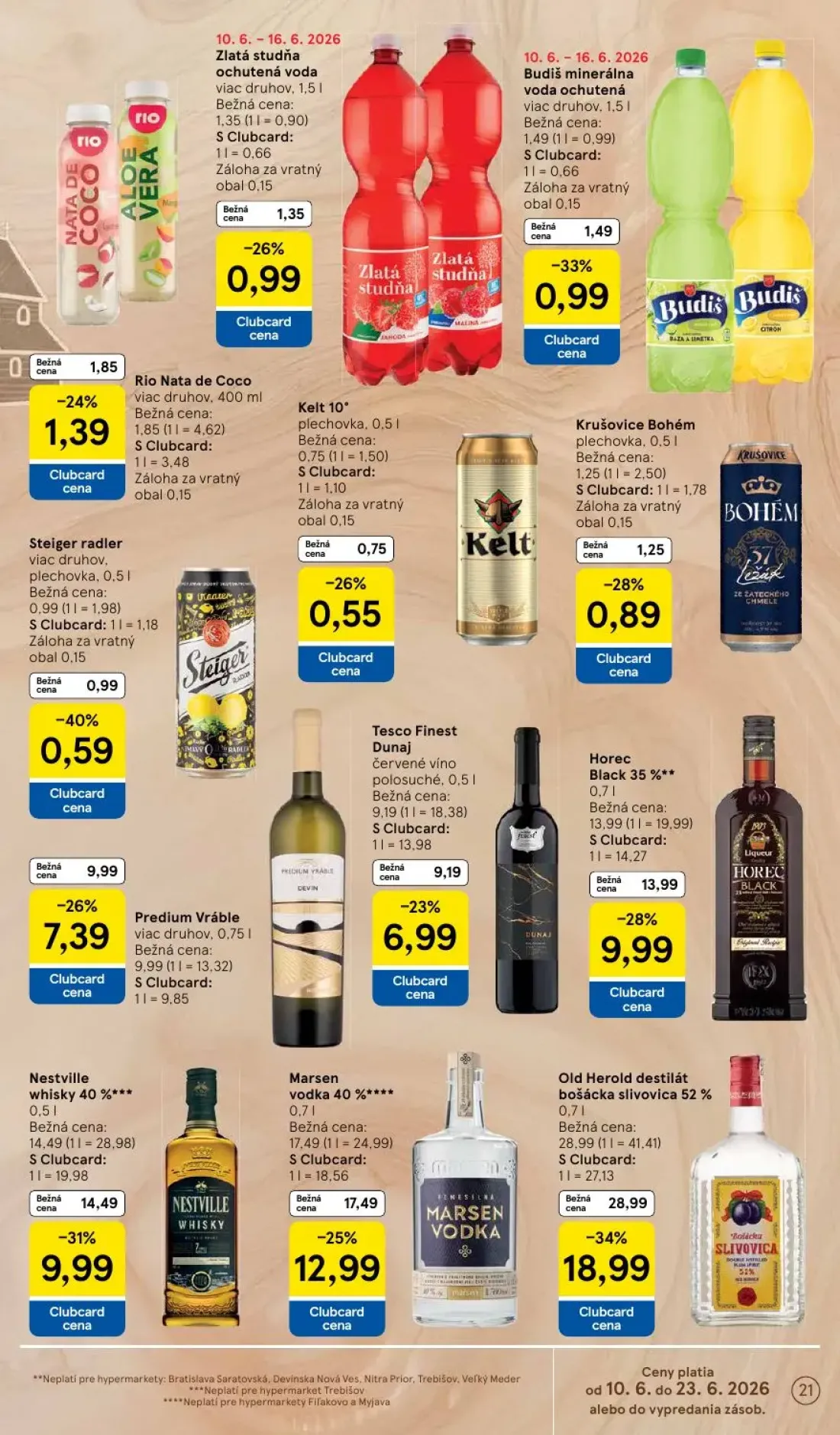 Tesco leták, strana 21 z 51 — Budiš minerálna voda ochutená, Rio Nata de Coco, Steiger radler