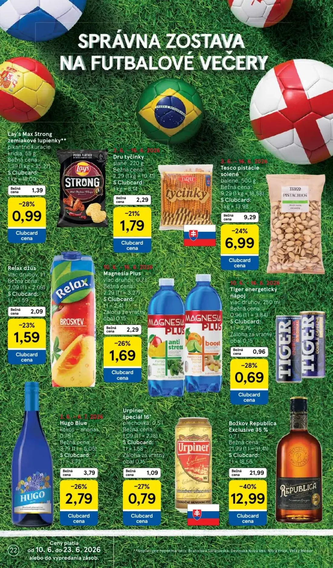 Tesco leták, strana 22 z 51 — Tesco pistácie solené balené, Hugo Blue kokos-ananás, Dru tyčinky slané