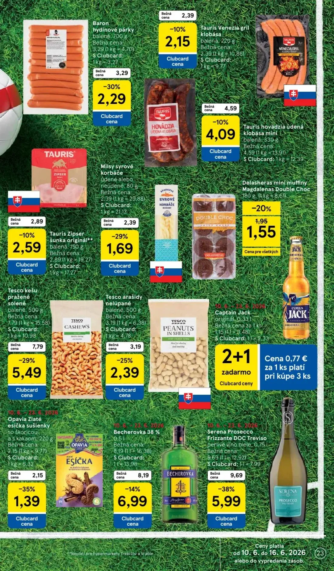 Tesco leták, strana 23 z 51 — Tesco kešu pražené solené balené, Tesco arašidy nelúpané balené, Opavia Zlaté esíčka sušienky …