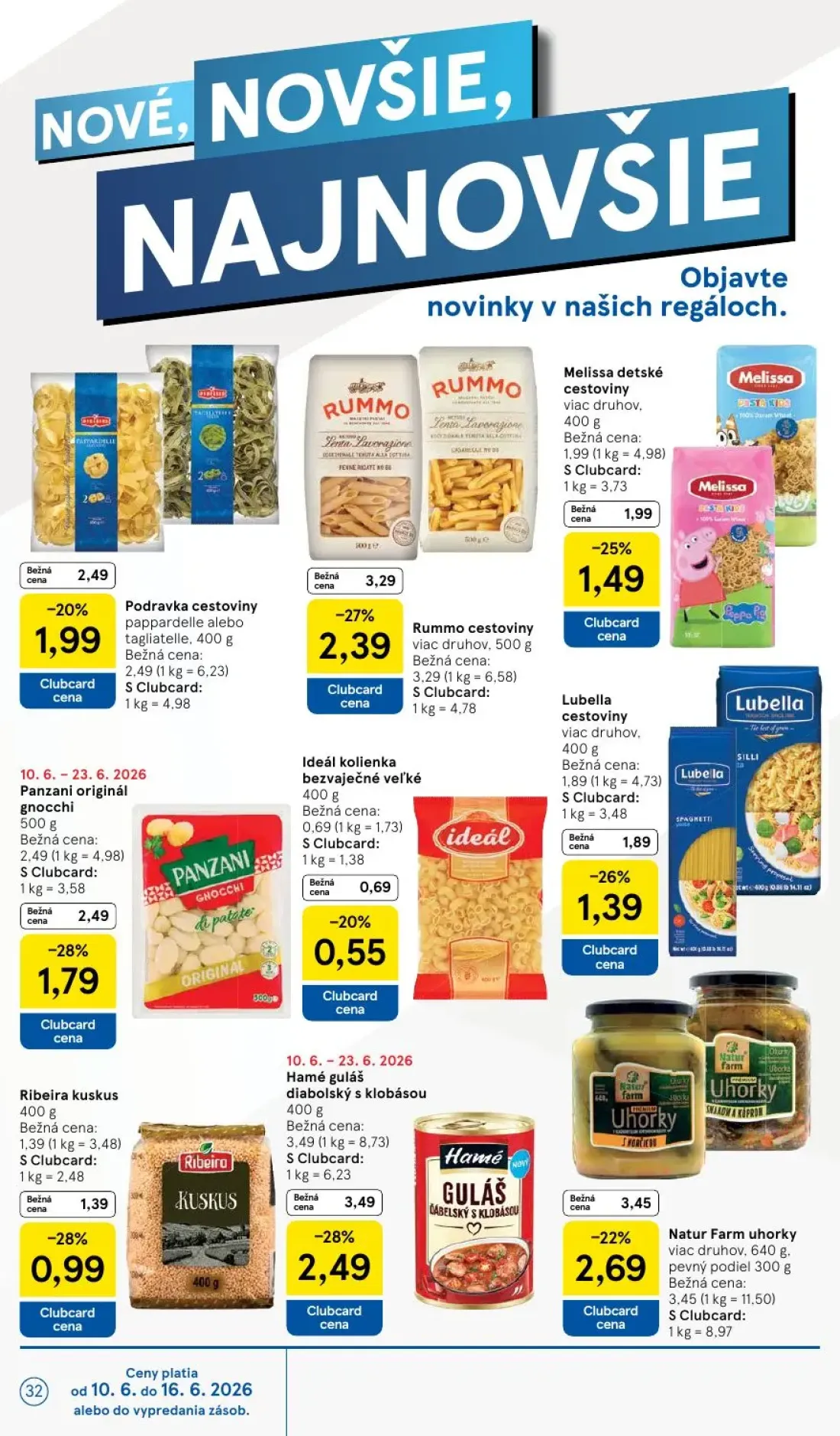 Tesco leták, strana 32 z 51 — Hamé guláš diabolský s klobásou, Rummo cestoviny viac druhov, Natur Farm uhorky viac druhov