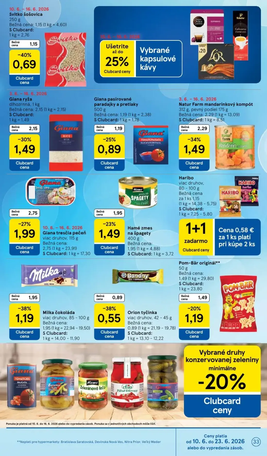 Tesco leták, strana 33 z 51 — Natur Farm mandarínkový kompót, Giana tresčia pečeň, Milka čokoláda