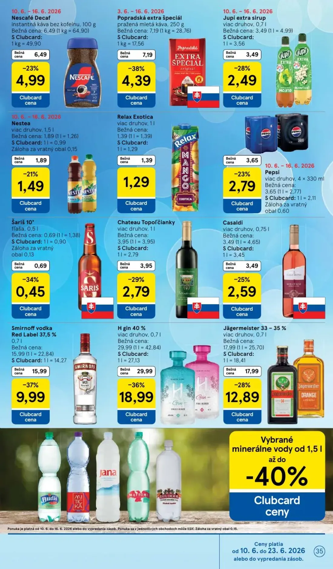 Tesco leták, strana 35 z 51 — Popradská extra špeciál, Nescafé Decaf, Jupí extra sirup