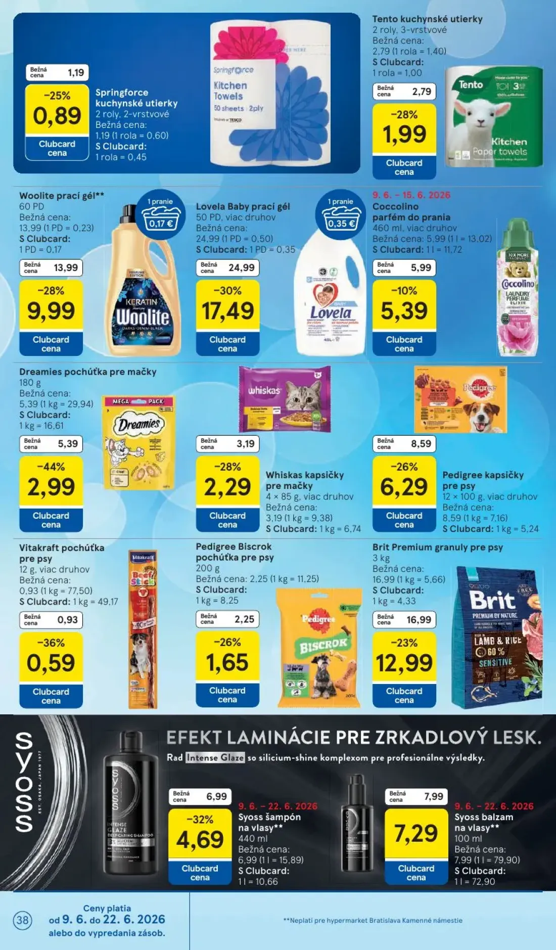 Tesco leták, strana 38 z 51 — Lovela Baby prací gél, Woolite prací gél, Brit Premium granuly pre psy